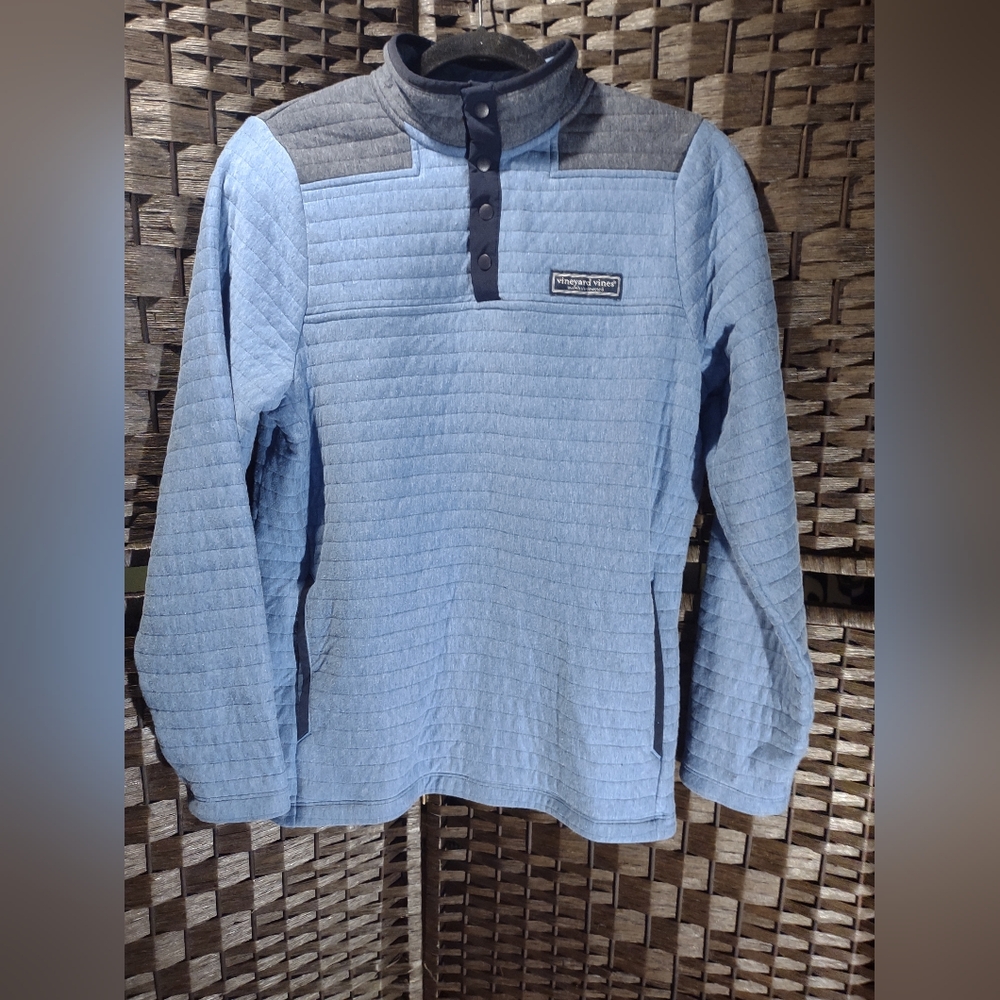 Vineyard Vines Quilted Shep 1/4 Snap Pullover Light Blue and Grey Kids XL